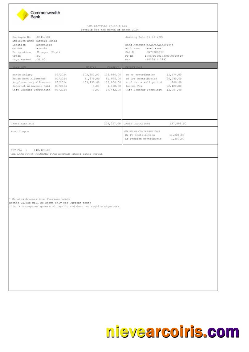 Commonwealth Bank CBA Services payslip